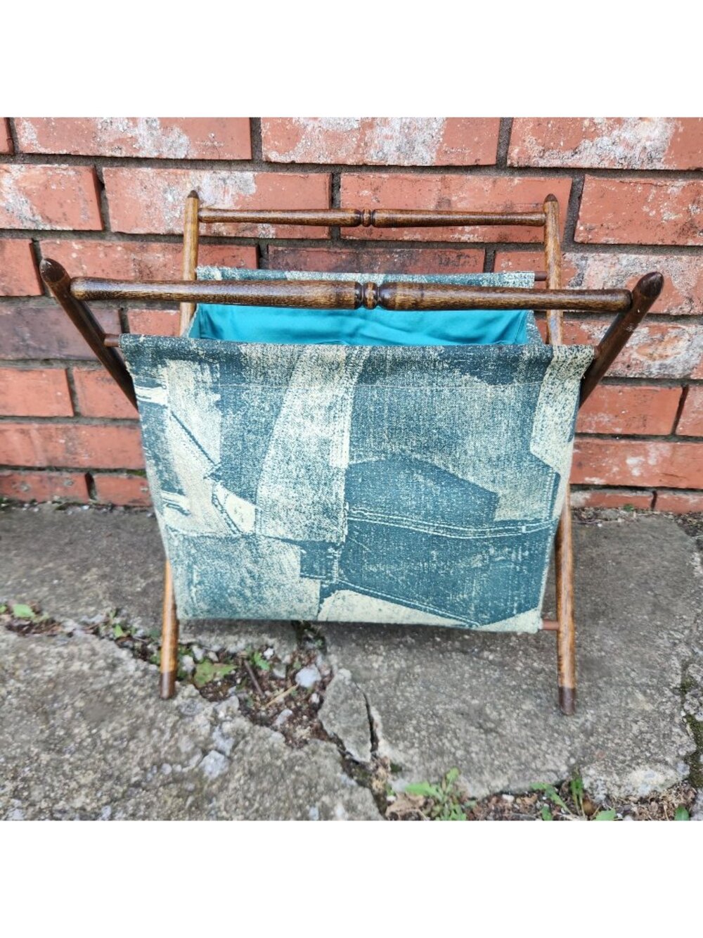 Vintage Folding Yarn Caddy Basket w/ Green Abstract Canvas Print and Wood Frame